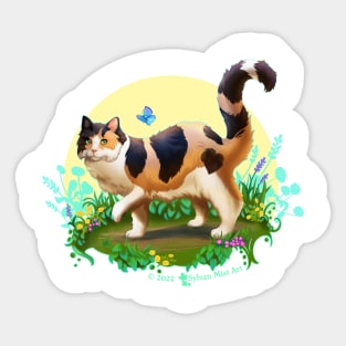 Fluffy Calico Cat with Butterfly Sticker